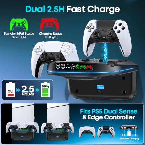 P S5 Wall Mount Kit with Cooling Fan and Charging Station Compatible with PS5/Slim/Pro Disc and Digital, PS Five Floating Shelf with 9 RGB Lights, PS5 Mount Behind TV, P5 Accessories for Gaming, Black - color: Black