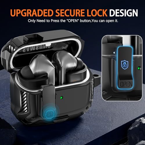 Safety Lock Case for Samsung Galaxy Buds3 FE/3/3 Pro (Black) | with Phone Stand,with Secure Lock Clip & Cleaning kit Full Body Shockproof Carbon Fiber Protection Design - color: D-Black