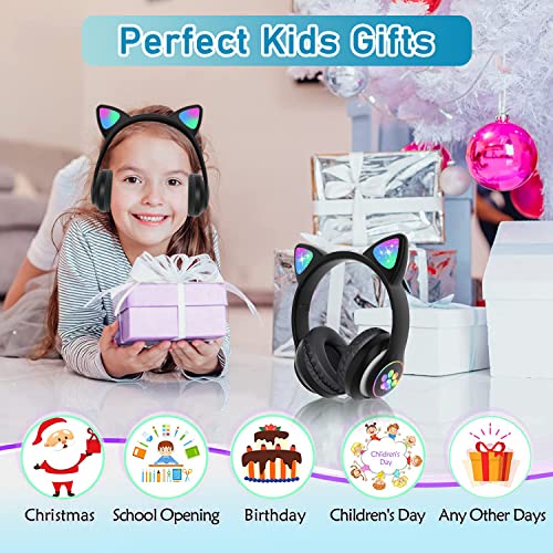 Kids Bluetooth Wireless Over-Ear Cat Ear Headphones with Microphone for Kids Teens Adults (Black) | Over Ear Headphones for Girls/Teenagers/Adults - color: Pure Black