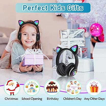 Kids Bluetooth Wireless Over-Ear Cat Ear Headphones with Microphone for Kids Teens Adults (Black) | Over Ear Headphones for Girls/Teenagers/Adults - color: Pure Black