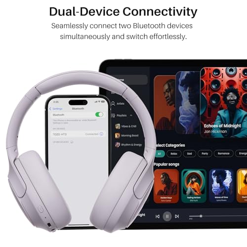 TOZO HT3 Hybrid Noise Cancelling Wireless Headphones, 90H Over Ear Headset | Hi Res Audio, AI Voice Assistant, Dual Device Connection, 32 Custom EQs, Built In 5 Mics, ANC, Foldable, Bluetooth 6.0 - color: Light Purple