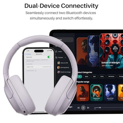 TOZO HT3 Hybrid Noise Cancelling Wireless Headphones, 90H Over Ear Headset | Hi Res Audio, AI Voice Assistant, Dual Device Connection, 32 Custom EQs, Built In 5 Mics, ANC, Foldable, Bluetooth 6.0 - color: Light Purple