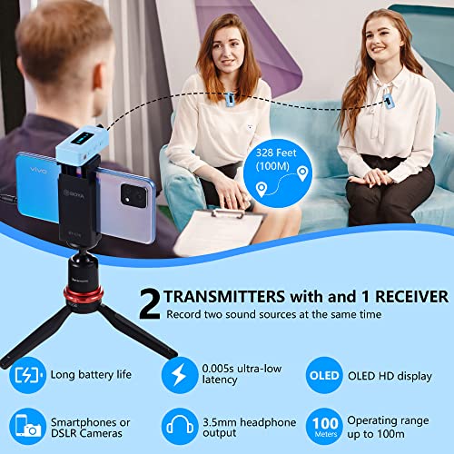 BOYA BY-XM6-K2B Wireless Lavalier Microphone System with 2 Transmitters for DSLR Camera Camcorder Smartphones in Vlog YouTube Video Facebook Live (Blue)