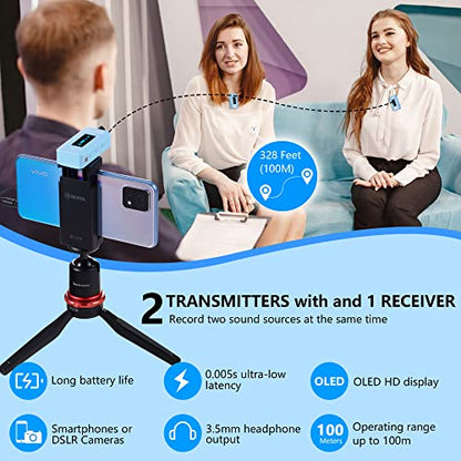 BOYA BY-XM6-K2B Wireless Lavalier Microphone System with 2 Transmitters for DSLR Camera Camcorder Smartphones in Vlog YouTube Video Facebook Live (Blue)