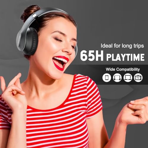 Wireless Bluetooth Headphones Over Ear V6.0 HiFi Stereo with Mic | 65H Playtime 6EQ Modes Foldable Bluetooth Headset with Microphone for Travel Smartphone Computer Laptop Grey - color: Grey