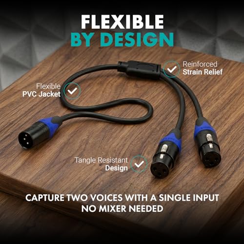 Movo TCB8 XLR Splitter Cable – 1 Male XLR to 2 Female XLR Y-Cable, Split One Interface Input for Two Microphones, 21-Inch Balanced Audio Splitter for Recording Studios, Live Sound & Podcasting