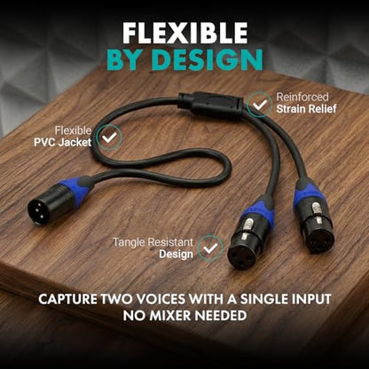Movo TCB8 XLR Splitter Cable – 1 Male XLR to 2 Female XLR Y-Cable, Split One Interface Input for Two Microphones, 21-Inch Balanced Audio Splitter for Recording Studios, Live Sound & Podcasting