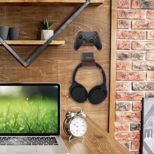 NIRVASH Walnut Controller Wall Mount, Wood Game Controller Holder Stand & Headphone Hanger, Controller & Headset Stand Compatible with Xbox, PS5, Remote (2 Pack Black) - color: Black (2 Pack)