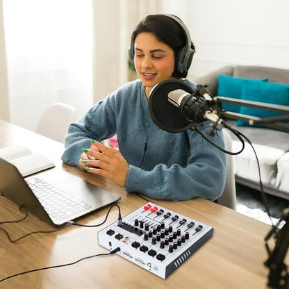 Professional 4-Channel DJ Audio Mixer with Bluetooth, 5-Band EQ, 99 DSP Effects, USB Audio Interface, +48V Phantom Power for Live Streaming, Podcasting, Karaoke, Home Studio Recording