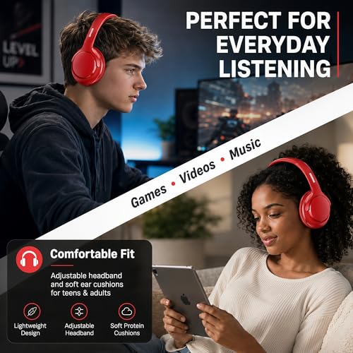 Bluetooth Headphones Wireless 68H with Mic,Decent Sound-Acceptable Red | Adjustable Headband Foldable Over-Ear Lightweight for Office/Travel/Tablet/iPad/Laptop,HD Stereo Sound,Aux 3.5mm - color: Red