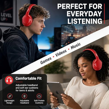 Bluetooth Headphones Wireless 68H with Mic,Decent Sound-Acceptable Red | Adjustable Headband Foldable Over-Ear Lightweight for Office/Travel/Tablet/iPad/Laptop,HD Stereo Sound,Aux 3.5mm - color: Red