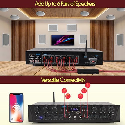Pyle Wireless Home Audio Amplifier System - Bluetooth Compatible 6 Channel Stereo Receiver, 600W Max Power, Simple Karaoke with Dual Mic Inputs with Tone Control, PA with Talk Over - PTA66BT.6