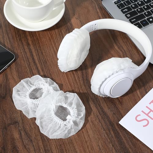 100 Pieces Disposable Headphone Covers 100 Pcs Plastic Barrier For Headphones Non-Woven Hygiene Covers For Ears, Stretch Earphone Earcup Protector Sanitary Earpad Cover For Gyms Offices More Ear White