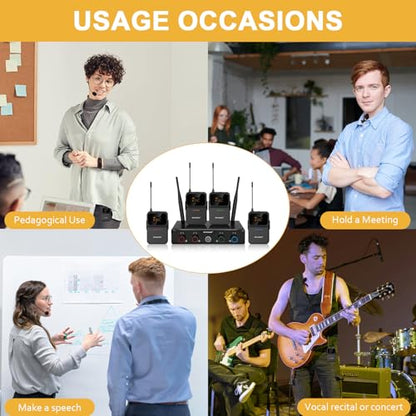 MELONARE Compact 4-Channel UHF Wireless Microphone System MWM-41-4B | 4 Headset/Lapel Microphones, 4 x 10 Frequencies, 200 ft Range, Hands-Free Vocals, Church, Conference - size: 4 Bodypack Mics