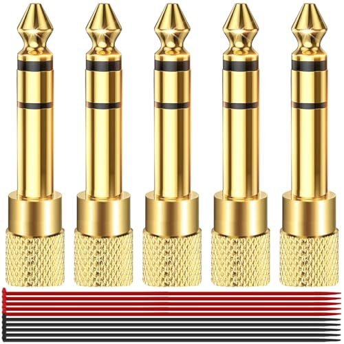 5PCS 6.35mm (1/4 inch) Male to 3.5mm (1/8 inch) Female Stereo Audio Headphone Jack Adapter Connect Gold-Plated Plug Socket with Cable Tie, for Guitar Computer Amplifiers AV Receivers