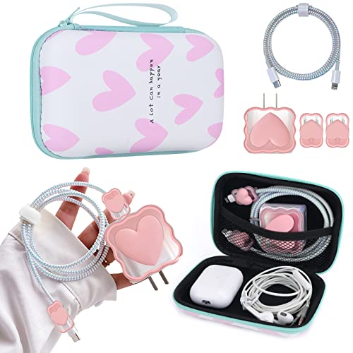 CameCosy Phone Charger Storage Case Set with Pink Hearts Carrying Case Bag with Cute 3D Love Cable Protector Set, Travel Cable Organizer,Soft Phone Earphone Charger Cover Compatible for iPhone