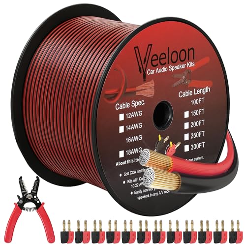 16AWG Speaker Wire 300 FT, 16/2 Gauge Audio Speaker Wire Kits with Cable Cutter Banana Plugs Tool, Polarity Marker, 2 Conductors Zipper Wire for Car Speakers Stereo, Home Theater, Surround Sound,CCA - size: 300 FT, style: 16 AWG