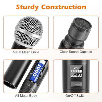 Wireless Microphone System, Fixed Frequency, Dual UHF Handheld Microphones, 200ft Long Range, Plug & Play, Cordless Microphone for Singing, Karaoke, DJ, Church, Wedding, Home KTV