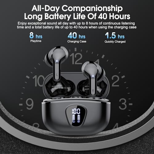 Wireless Earbuds, Bluetooth 5.4 Headphones HiFi Stereo, Bluetooth Earbuds | With ENC Noise Cancelling Mic, IP7 Waterproof in Ear Earphones, 48H, LED Display Ear buds for Pad Workout Sports, Black - color: Black