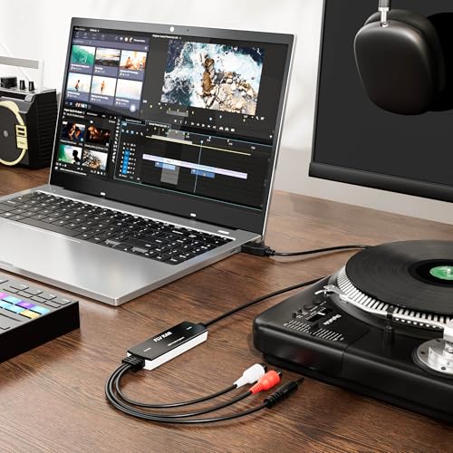 USB 2.0 Audio Capture Card for Windows 10/8.1/8/7 and Mac OS 10.14-Audio Grabber for Vinyl Cassette Tapes to mp3 Converter