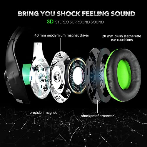 BlueFire Wired Gaming Headset for PS4 PS5 Xbox One PC – Over-Ear Headphones with Surround Sound, Noise Canceling Mic, Soft Memory Foam, LED Light, 3.5mm Jack for Console & Laptop (Green) - color: Green