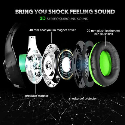 BlueFire Wired Gaming Headset for PS4 PS5 Xbox One PC – Over-Ear Headphones with Surround Sound, Noise Canceling Mic, Soft Memory Foam, LED Light, 3.5mm Jack for Console & Laptop (Green) - color: Green