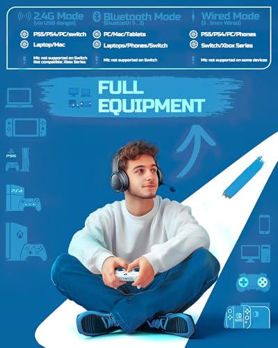 BINNUNE Wireless Gaming Headset — 2.4GHz Low-Latency USB Dongle + Bluetooth, 50mm Drivers 7.1 Surround, Noise-Cancelling Mic, 40H Battery — Over Ear Wireless Headphones for PS5, PC, Laptop, Blue - color: Blue
