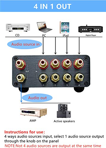 S2 4 Way RCA Audio Switch Stereo Switcher Selector Box | 4 IN 1 OUT Audio Signal Source input, Bi-Direction, no need power,plug and play,Sturdy aluminum case, Solid aluminum knob - color: 4-WAY RCA Switch(4 IN 1 OUT)-Upgrade version-silve