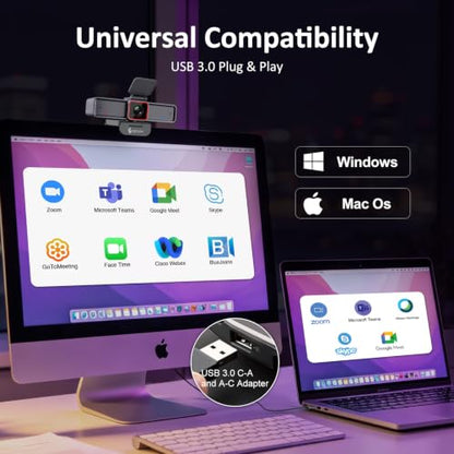 Angetube 4K Webcam for PC, UHD Computer Web Camera for Desktop with 5X Zoom - color: 4K Webcam with Large Sensor and USB3.0