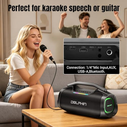 TWS Portable Bluetooth Speaker, 55W Bass, IP67 Waterproof for Outdoor Party | Mic input for karaoke, ABS rugged for pool, garage, trail, Loud Deep Bass 2600mAh plays 6H for Travel, House, Beach, Camping