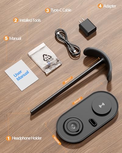 HiWe Headphone Stand, 2-in-1 MagSafe Wireless Charger for iPhone/iWatch | Headset Holder for All Headphones, Aluminum Alloy Bar, ABS Solid Base, PU Headrest, Table Desk Organizer - color: Black