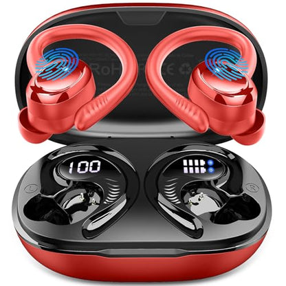 Hupoaf Wireless Earbuds Sport, 2025 Bluetooth 5.4 Headphones with Earhooks, 50H Stereo Deep Bass Over Ear Buds with 4 ENC Noise Canceling Mics, IP7 Waterproof Earphones for Running Workout Gym -Red