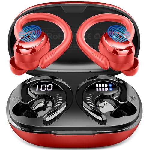 Hupoaf Wireless Earbuds Sport, NEW Bluetooth 5.4 Headphones with Earhooks, 50H Stereo Deep Bass Over Ear Buds with 4 ENC Noise Canceling Mics, IP7 Waterproof Earphones for Running Workout Gym -Red - color: A-Red