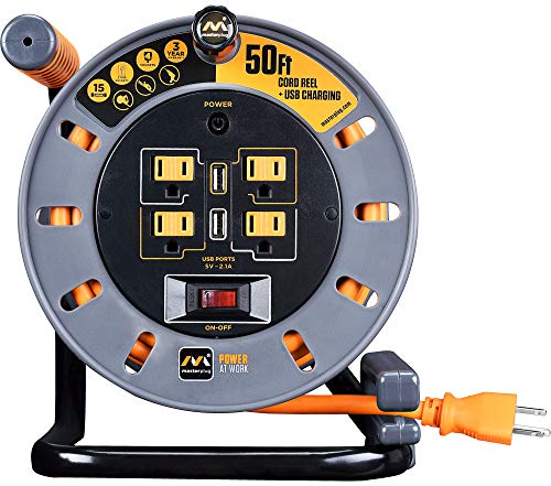Masterplug 50ft Cord Reel, Retractable Extension Lead with Winding Handle, Safety Overload Circuit Breaker and Power Switch, 4x Grounded Outlets, 2x USB Ports, 15amps, 12AWG Cable - size: 50ft, style: 12 AWG