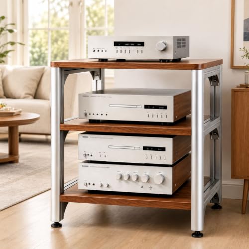 3-Tier HiFi Audio Rack, Adjustable AV Stand for Stereo Equipment | 110 lbs Per Shelf Open Cooling Design Metal Support Columns Rubber Feet Fits Amplifier, Receiver, Turntable & CD Player - size: 3-tier