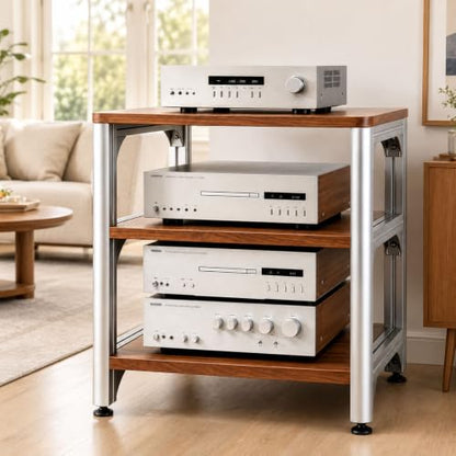 3-Tier HiFi Audio Rack, Adjustable AV Stand for Stereo Equipment | 110 lbs Per Shelf Open Cooling Design Metal Support Columns Rubber Feet Fits Amplifier, Receiver, Turntable & CD Player - size: 3-tier