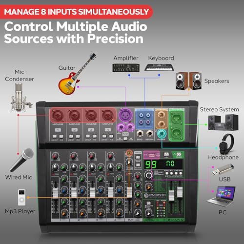 Pyle 8 Channel Audio Mixer - 4 XLR Combo Mic Inputs, Bluetooth Studio Mixer/DJ Controller with DSP Digital Effects, USB-A In with MP3 Player, PC Recording, LED Level Meter, Smooth Dials and Faders - style: 8 Channel