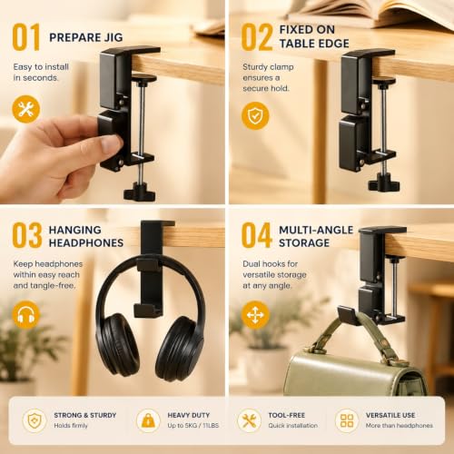 JAKO New Foldable Headphone Stand for Desk, Aluminum Alloy Headphone Holder - Headset Stand Hook Space Save Mount, Universal Fit PC Gaming Headsets Holder Under Desk Clamp for Office, Computer Table - color: Silver