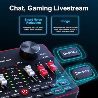 Audio Mixer, Sound Board for Pc/Phone Live Streaming Singing Gaming, Audio Interface for 3.5mm Microphone, Live Sound Card with DJ Mixer Effects & Voice Changer, Denoise, Bluetooth Podcast Mixer