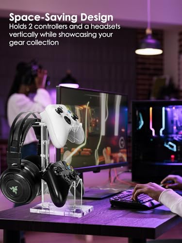 OAPRIRE Headset and Controller Stand, Space-Saving 2 Tier Game Controller Holder, Acrylic Controller and Headset Stand for Desktop, Universal Design Compatible with PS5/PS4/Xbox/Switch (Crystal Clear) - color: Clear, size: 2 Tier-without lights