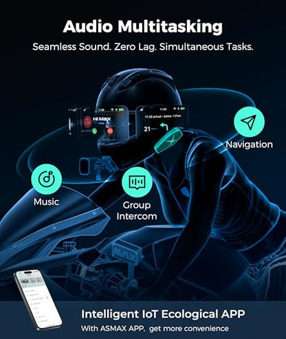 ASMAX F1s Motorcycle Bluetooth Headset with Smart Voice Control, 2 Pack | 10-Rider Mesh Helmet Intercom, ENC Noise Cancellation, APP OTA, IP67 Waterproof, 5mi Long-Range Communication, Snowmobile/Ski - color: F1s Black-2 Pack