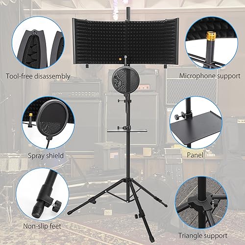 Microphone Isolation Shield with Stand Curved Panel, Foldable Mic Shield with Triple Sound Insulation, Studio Mic Sound Absorbing Foam Reflector for Sound Recording, Podcasts - size: Large
