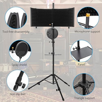 Microphone Isolation Shield with Stand Curved Panel, Foldable Mic Shield with Triple Sound Insulation, Studio Mic Sound Absorbing Foam Reflector for Sound Recording, Podcasts - size: Large