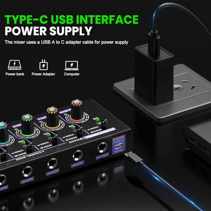 Mini Audio Stereo Mixer 4 Channel 1/4 Inch TSR/TS Audio Input Jack For Line Mixer Stereo/Mono Cutovers Compatible With Mic, Guitars Volume Amplifier Knob Mix Audio Output To Small Mixer & Speaker
