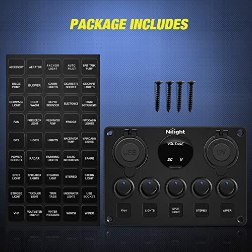 Nilight 5 Gang Multi-Function Rocker Switch Panel On Off SPST Toggle | 12V 12V/20A 24V/10A Dual USB Charger LED Voltmeter Cigarette Lighter for LED Light Bar Rear Rock Lights Trucks RV Boats 4X4 Blue - color: Blue
