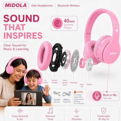 MIDOLA Kids Headphones Bluetooth 5.4 Wireless 68H Play Time Volume Limit 85/94dB Over-Ear Foldable Headset,Type-C Fast Charging,with Wired Aux Mic for Toddler Child Pad Tablet Pink | Adjustable Headband Foldable Over-Ear Lightweight Headsets for Toddler G