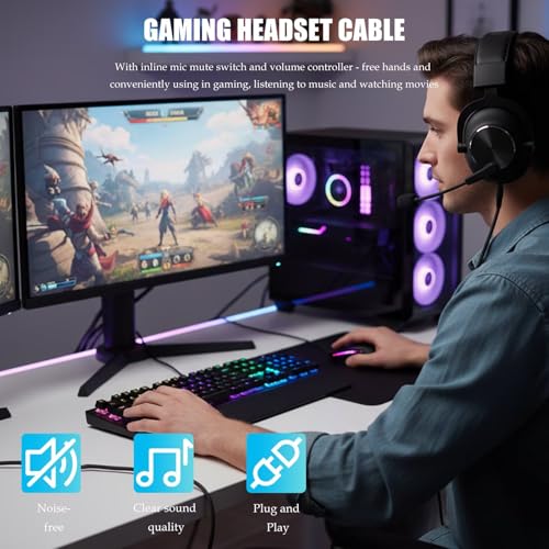 Replacement for G Pro X Cord, Detachable Gaming Headset Cable Replacement for Logitech G Pro/ G433/ G233, 3.5mm(1/8") Nylon Braided Wire with Inline Mute Switch and Volume Controller, 6FT