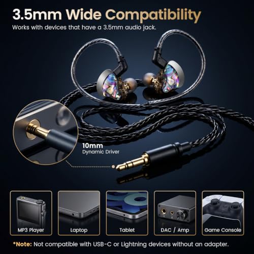HIFI WALKER A20 IEM Earbuds, 10mm Dynamic Driver in Ear Monitor Headphones, HiFi Wired Earphones with Deep Bass & Clear Vocals, Noise Isolating IEM for Music, Gaming & Studio (No Mic), Black - color: Black