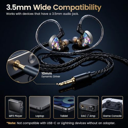 HIFI WALKER A20 IEM Earbuds, 10mm Dynamic Driver in Ear Monitor Headphones, HiFi Wired Earphones with Deep Bass & Clear Vocals, Noise Isolating IEM for Music, Gaming & Studio (No Mic), Black - color: Black