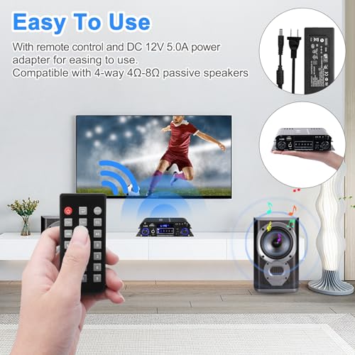 Stereo Audio Amplifier for Home Speakers S-288 Bluetooth 5.0 HiFi Mini Amp | Audio Component Amplifiers Receiver 4.0CH RMS 40Wx4 Max. 600W Integrated Power Amp W/USB,FM,Adapter - color: S-288(4.0CH 40W*4 RMS)